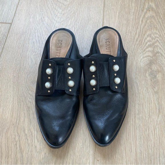 Schutz Jaine Pearl Embellished Black Leather Slip On Mule - Picture 2 of 5
